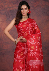 Red Pure Tussar Dhakai Jamdani Saree with Blouse Piece - Adi Akshoy & Co.