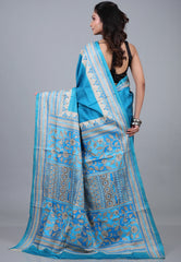 Feroza Blue Pure Tussar Kantha Silk Saree With Blouse Piece - Adi Akshoy & Co.