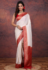 White Katan Korial Silk Saree with Blouse Piece - Adi Akshoy & Co.