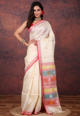 Cream Colour Pure Tussar Dhakai Jamdani Saree with Blouse Piece - Adi Akshoy & Co.