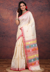 Cream Colour Pure Tussar Dhakai Jamdani Saree with Blouse Piece - Adi Akshoy & Co.