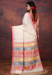 Cream Colour Pure Tussar Dhakai Jamdani Saree with Blouse Piece - Adi Akshoy & Co.