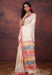 Cream Colour Pure Tussar Dhakai Jamdani Saree with Blouse Piece - Adi Akshoy & Co.