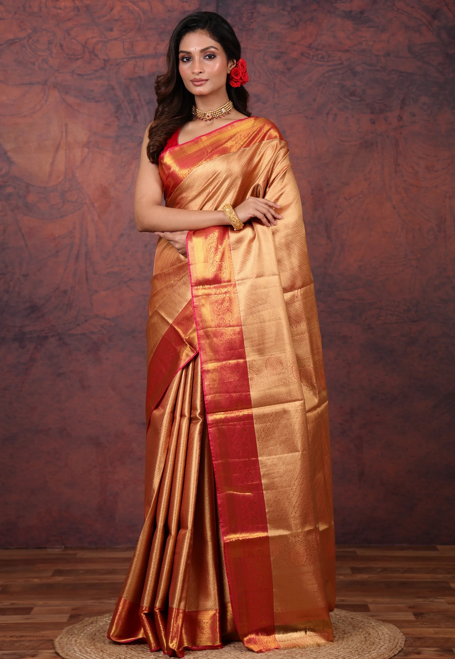 Golden Tissue Kanjivaram Silk Saree With Blouse Piece - Adi Akshoy & Co.