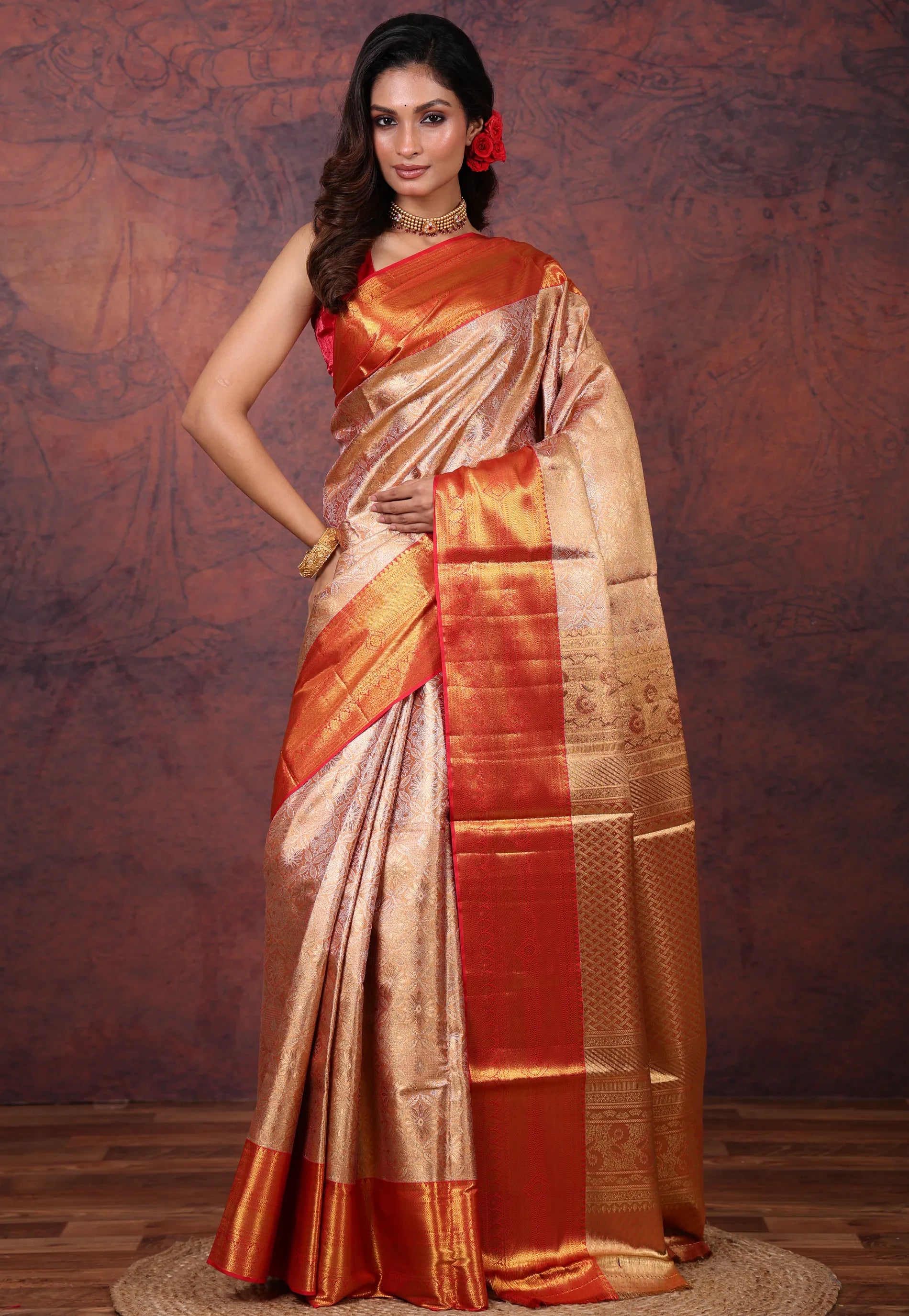 Golden Brocade Tissue Kanjivaram Silk Saree With Blouse Piece - Adi Akshoy & Co.