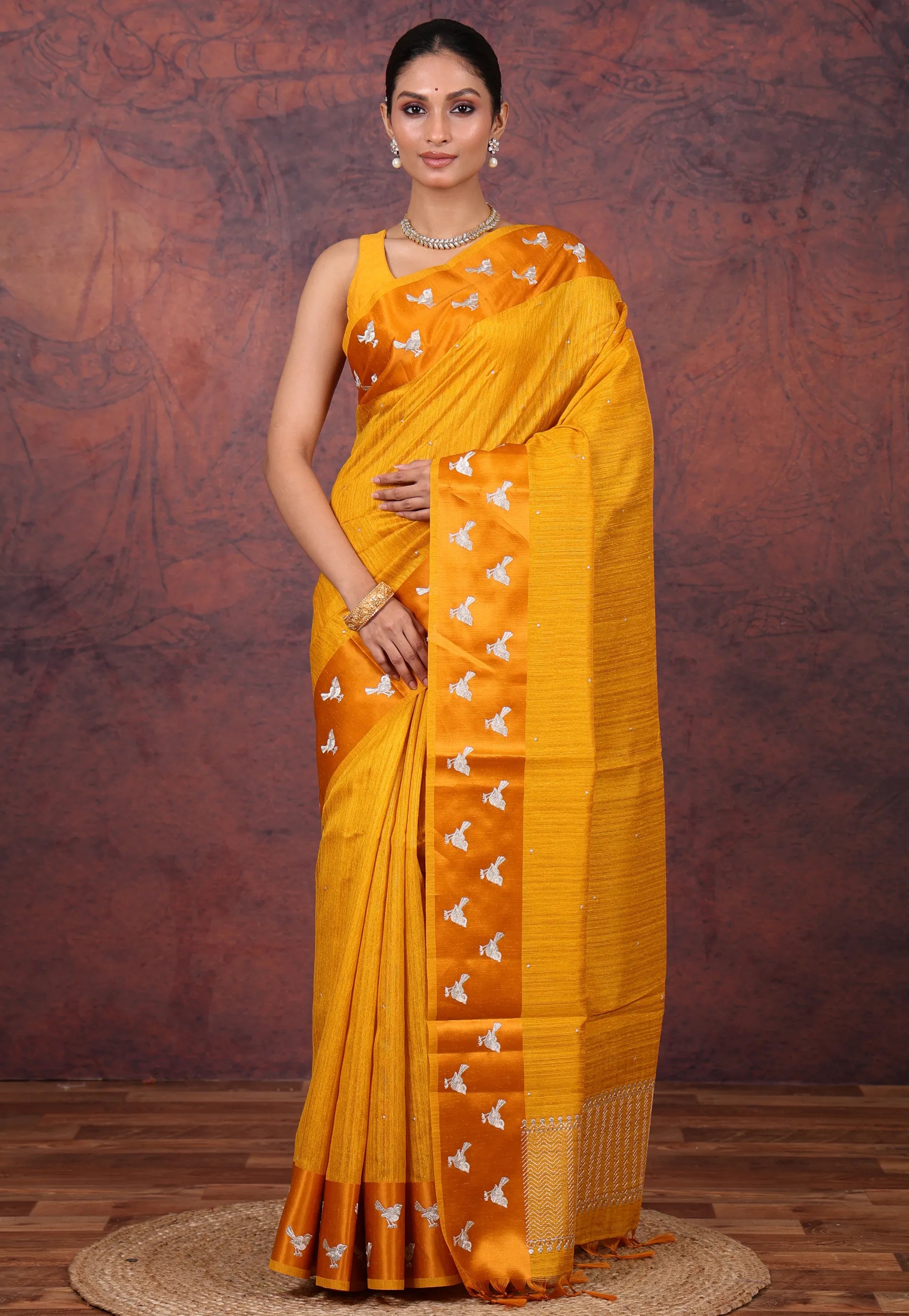 Yellow Tussar Kantha Silk Saree With Blouse Piece - Adi Akshoy & Co.