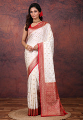 White Mashru Silk Saree with Blouse Piece - Adi Akshoy & Co.
