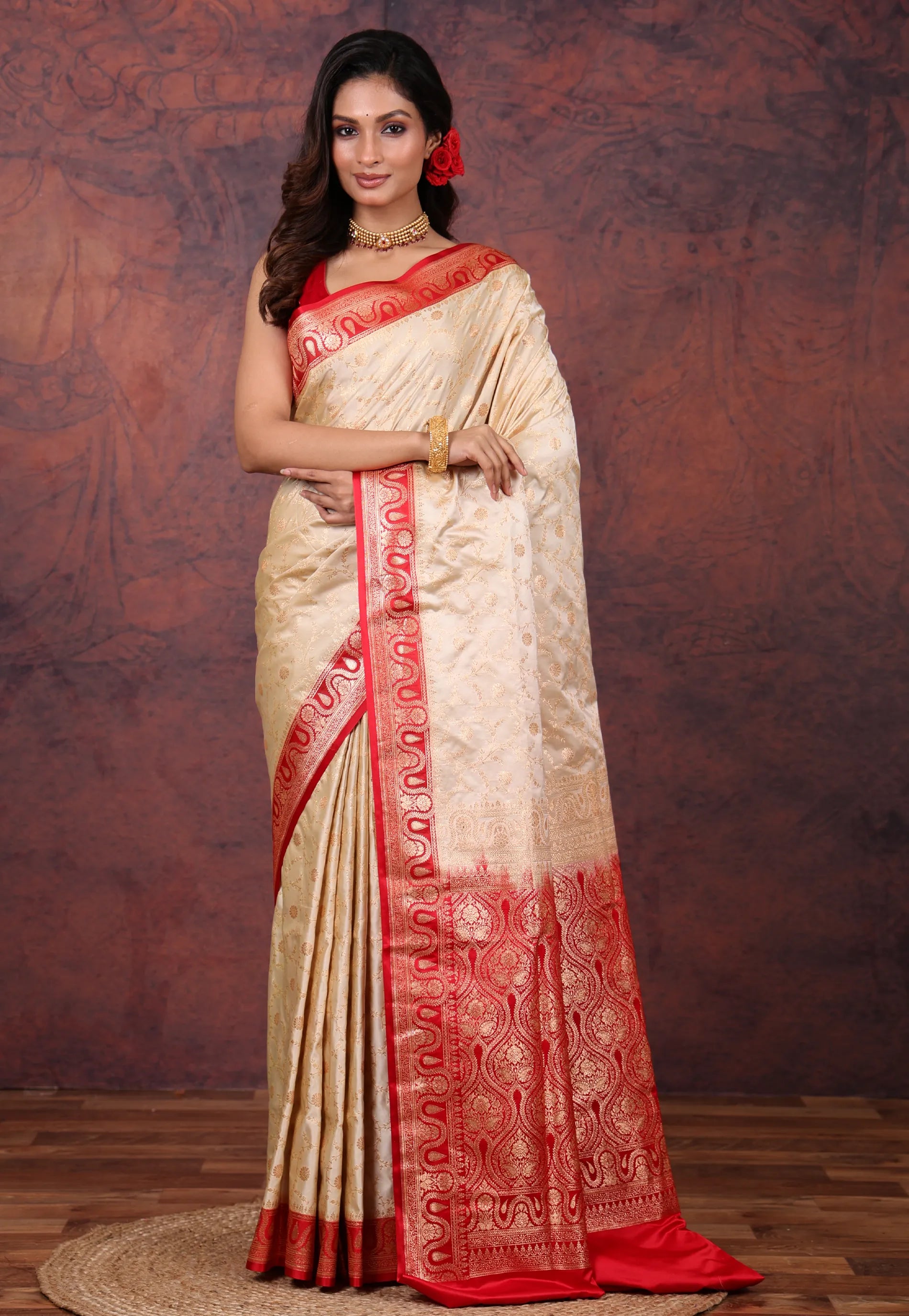 Beige Pastel Banarasi Saree With Blouse Piece - Adi Akshoy & Co.