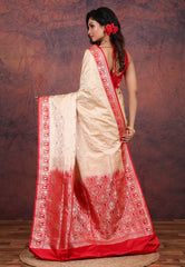 Beige Pastel Banarasi Saree With Blouse Piece - Adi Akshoy & Co.