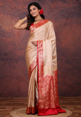 Beige Pastel Banarasi Saree With Blouse Piece - Adi Akshoy & Co.