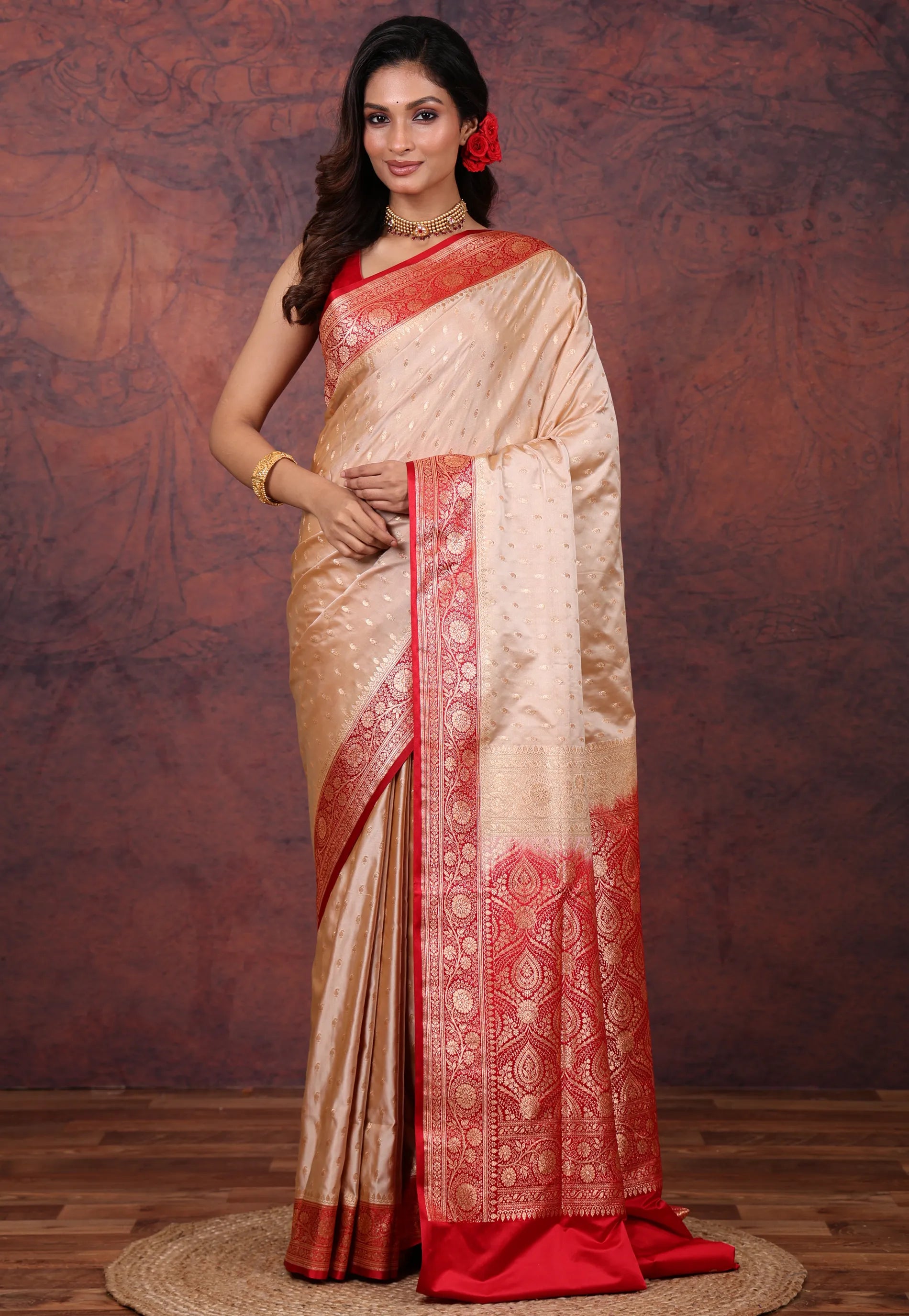 Beige Pastel Banarasi Saree With Blouse Piece - Adi Akshoy & Co.