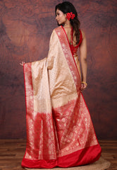 Beige Pastel Banarasi Saree With Blouse Piece - Adi Akshoy & Co.