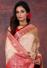 Beige Pastel Banarasi Saree With Blouse Piece - Adi Akshoy & Co.