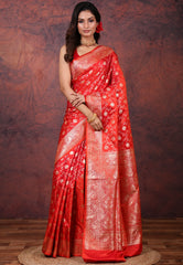 Red Wedding Jaal Banarasi Silk Saree with Blouse Piece - Adi Akshoy & Co.