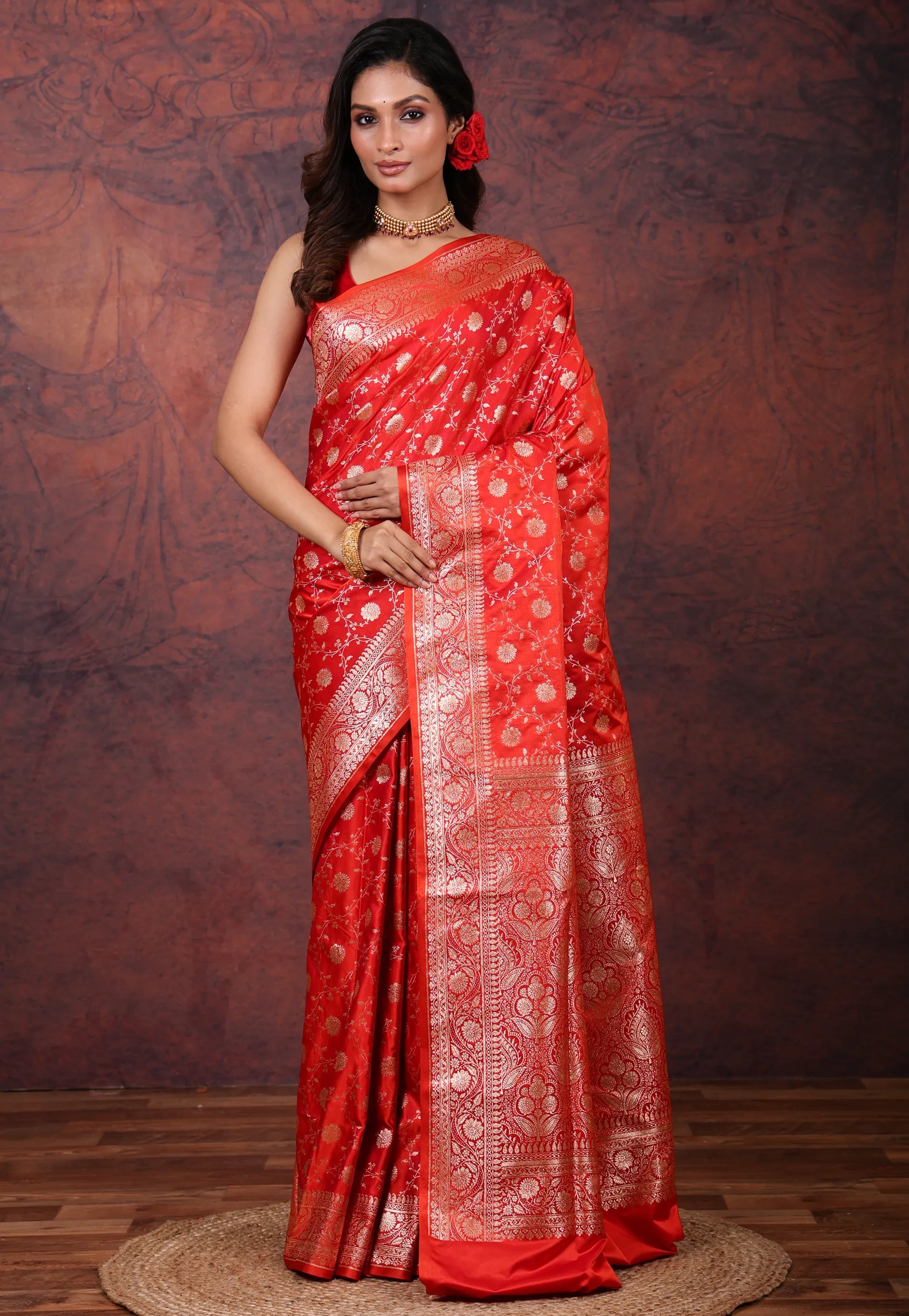Red Wedding Jaal Banarasi Silk Saree with Blouse Piece - Adi Akshoy & Co.