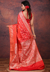 Red Wedding Jaal Banarasi Silk Saree with Blouse Piece - Adi Akshoy & Co.