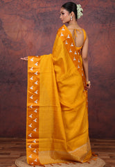 Yellow Tussar Kantha Silk Saree With Blouse Piece - Adi Akshoy & Co.