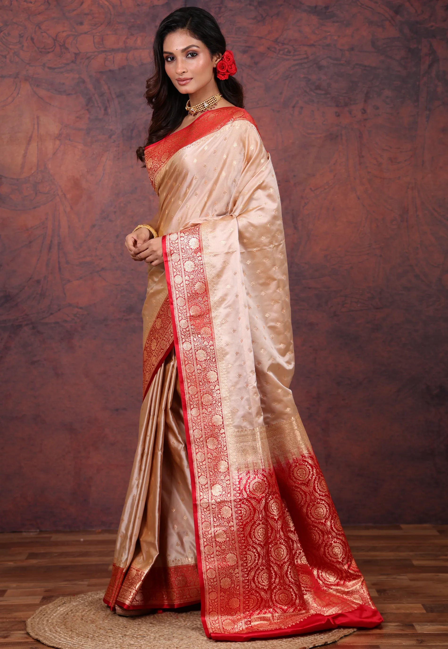 Beige Pastel Banarasi Saree With Blouse Piece - Adi Akshoy & Co.