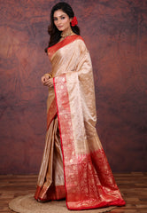 Beige Pastel Banarasi Saree With Blouse Piece - Adi Akshoy & Co.