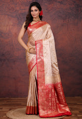 Beige Pastel Banarasi Saree With Blouse Piece - Adi Akshoy & Co.