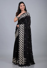 Black Tussar Kantha Silk Saree With Blouse Piece - Adi Akshoy & Co.