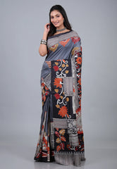 Grey Pure Tussar Kantha Silk Saree With Blouse Piece - Adi Akshoy & Co.