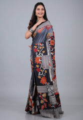 Grey Pure Tussar Kantha Silk Saree With Blouse Piece - Adi Akshoy & Co.