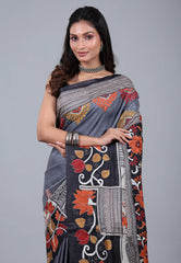 Grey Pure Tussar Kantha Silk Saree With Blouse Piece - Adi Akshoy & Co.