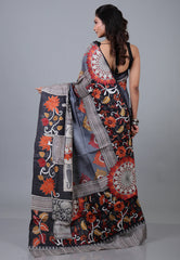 Grey Pure Tussar Kantha Silk Saree With Blouse Piece - Adi Akshoy & Co.
