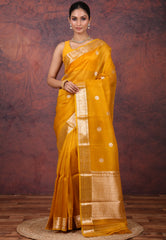 Yellow Pure Kora Silk Saree with Blouse Piece - Adi Akshoy & Co.