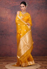 Yellow Pure Kora Silk Saree with Blouse Piece - Adi Akshoy & Co.