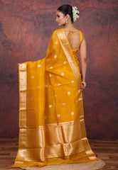 Yellow Pure Kora Silk Saree with Blouse Piece - Adi Akshoy & Co.