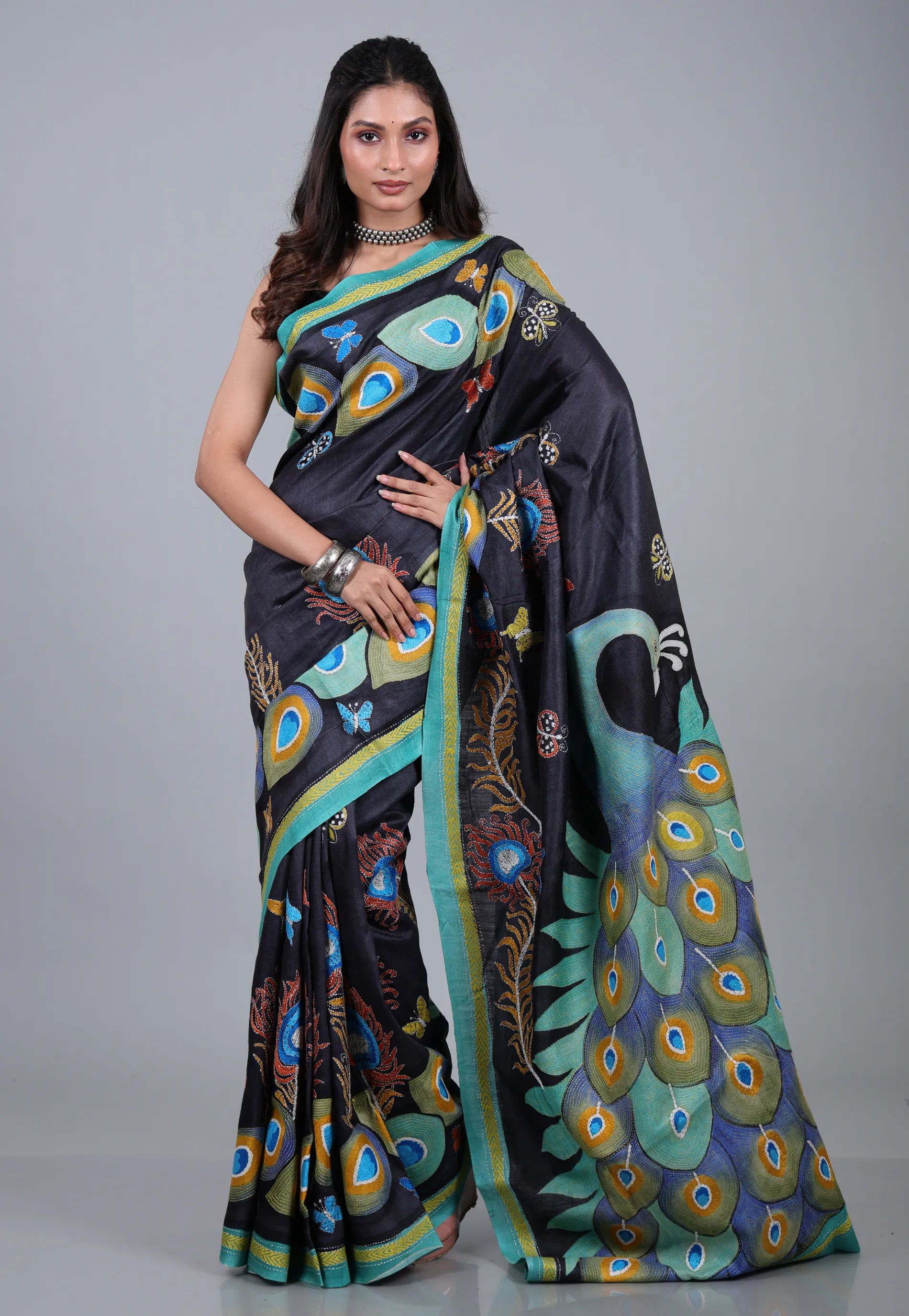 Black Pure Tussar Kantha Silk Saree With Blouse Piece - Adi Akshoy & Co.
