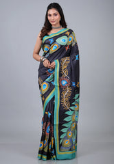 Black Pure Tussar Kantha Silk Saree With Blouse Piece - Adi Akshoy & Co.