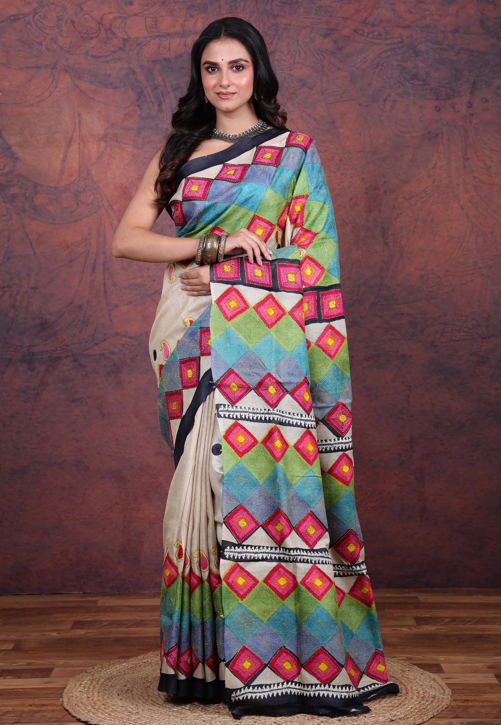 Multi Colour Pure Tussar Kantha Silk Saree With Blouse Piece - Adi Akshoy & Co.