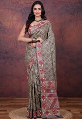 Grey Pure Tussar Kantha Silk Saree With Blouse Piece - Adi Akshoy & Co.