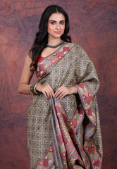 Grey Pure Tussar Kantha Silk Saree With Blouse Piece - Adi Akshoy & Co.