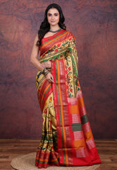 Yellow Pure Kalamkari Silk Saree with Blouse Piece - Adi Akshoy & Co.