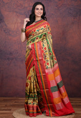 Yellow Pure Kalamkari Silk Saree with Blouse Piece - Adi Akshoy & Co.