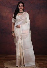 White Pure Tussar Dhakai Jamdani Saree with Blouse Piece - Adi Akshoy & Co.