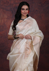 White Pure Tussar Dhakai Jamdani Saree with Blouse Piece - Adi Akshoy & Co.