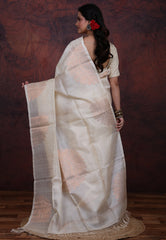 White Pure Tussar Dhakai Jamdani Saree with Blouse Piece - Adi Akshoy & Co.