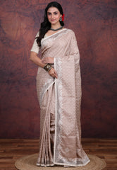 Pale Beige Tussar Kantha Silk Saree With Blouse Piece - Adi Akshoy & Co.