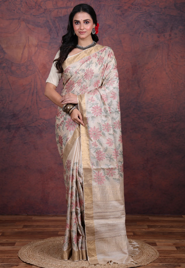Tussar Colour Pure Tussar Kantha Silk Saree With Blouse Piece - Adi Akshoy & Co.