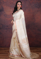 White Pure Tussar Dhakai Jamdani Saree with Blouse Piece - Adi Akshoy & Co.