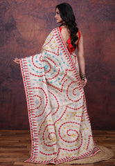 Off White Pure Tussar Kantha Silk Saree With Blouse Piece - Adi Akshoy & Co.