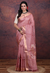 Onion Pink Pure Tussar Dhakai Jamdani Saree with Blouse Piece - Adi Akshoy & Co.