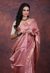Onion Pink Pure Tussar Dhakai Jamdani Saree with Blouse Piece - Adi Akshoy & Co.