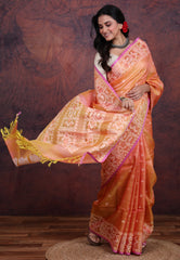 Orange Pure Tussar Dhakai Jamdani Saree with Blouse Piece - Adi Akshoy & Co.