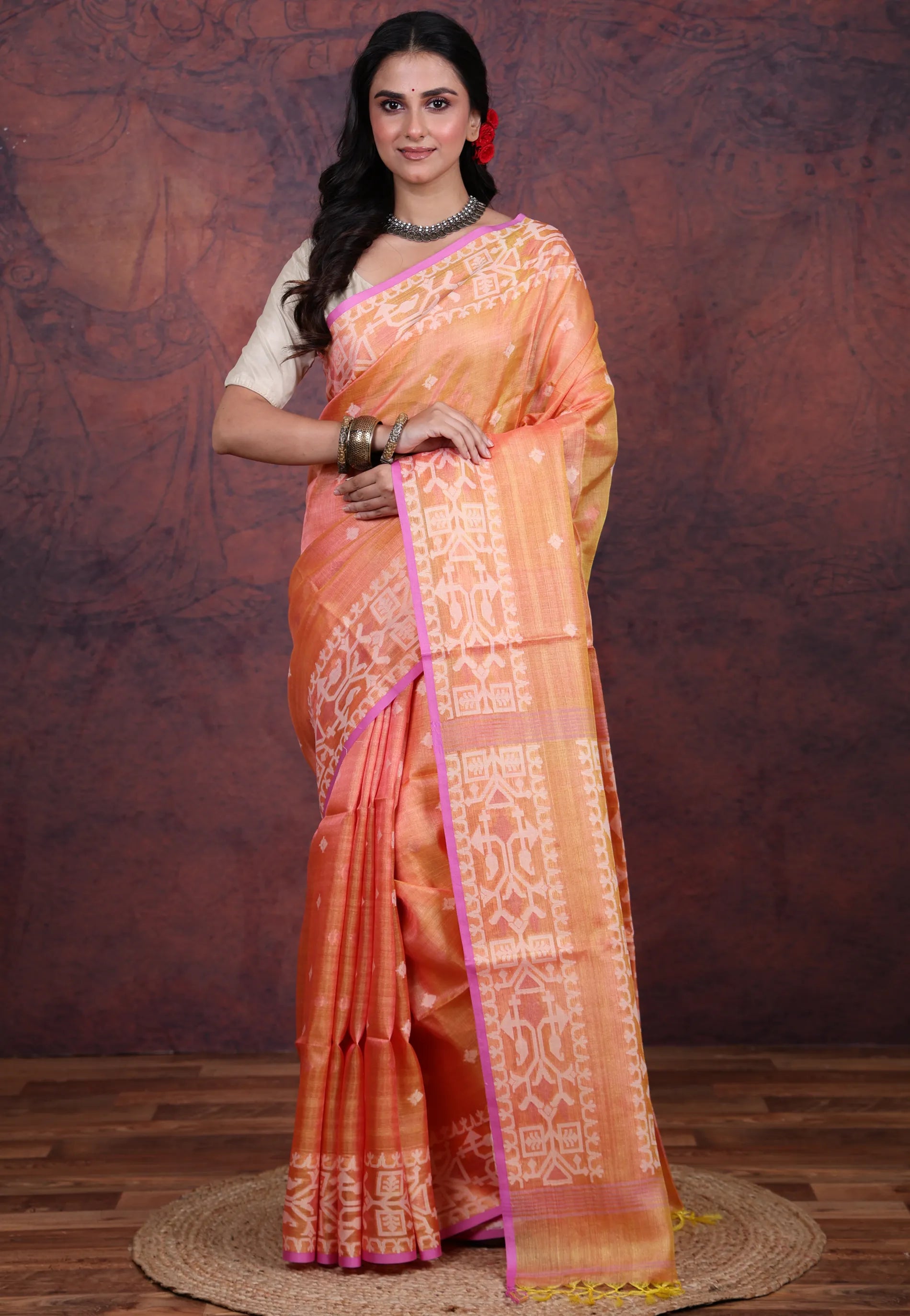 Orange Pure Tussar Dhakai Jamdani Saree with Blouse Piece - Adi Akshoy & Co.